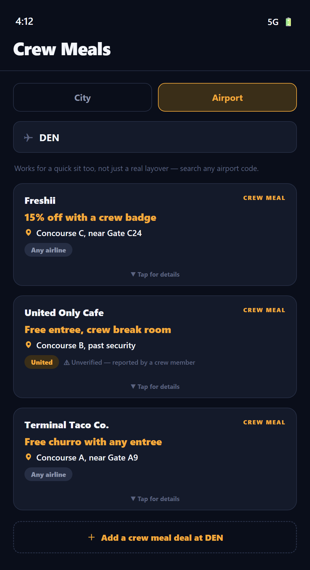 Crew Meals, Airport mode, showing deal cards at DEN