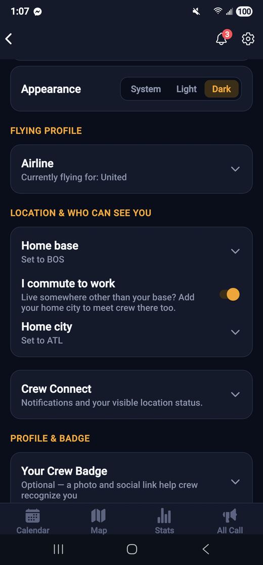 Home base and home city settings screen
