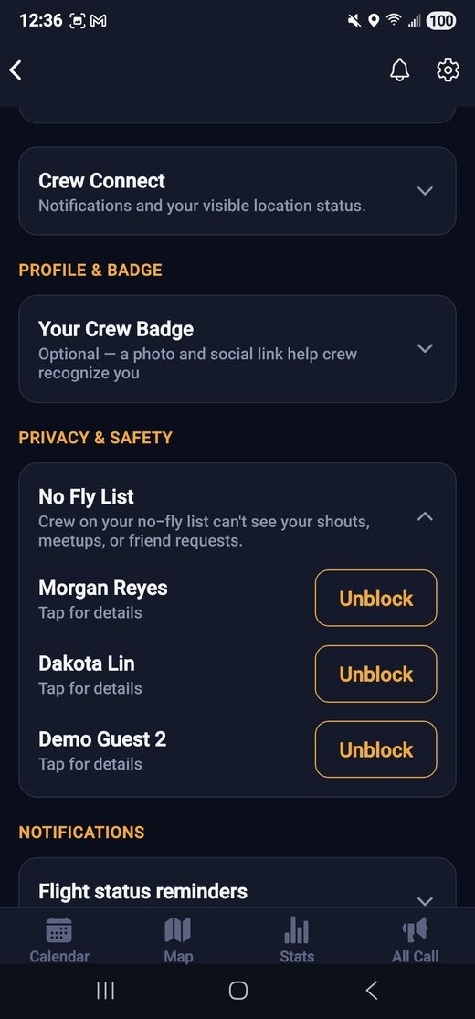 Block and report settings screen