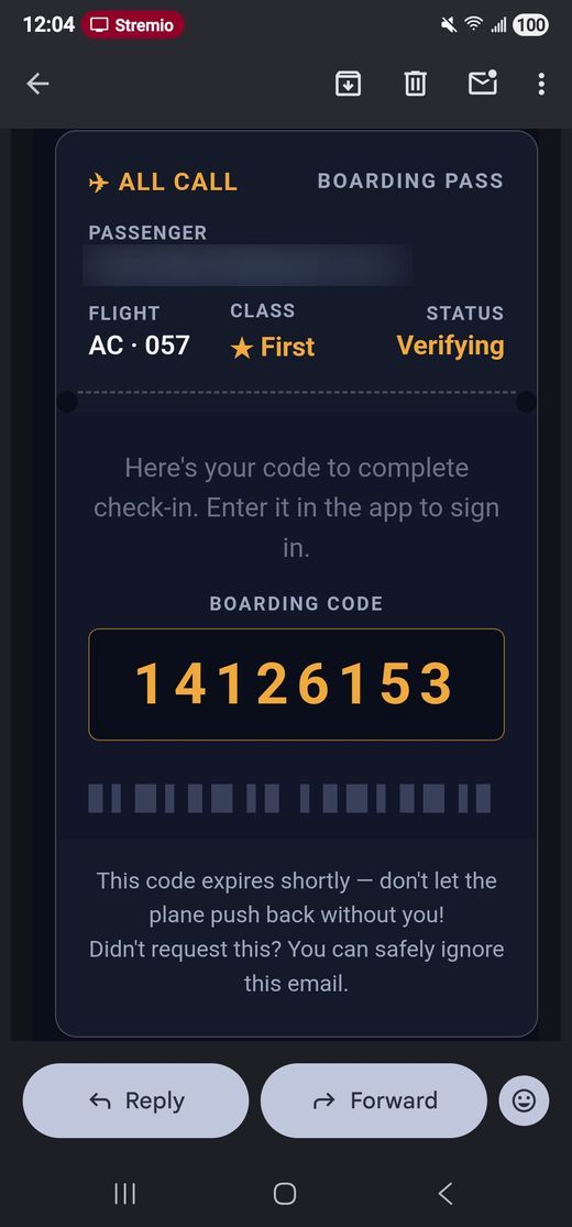 All Call sign-in code email